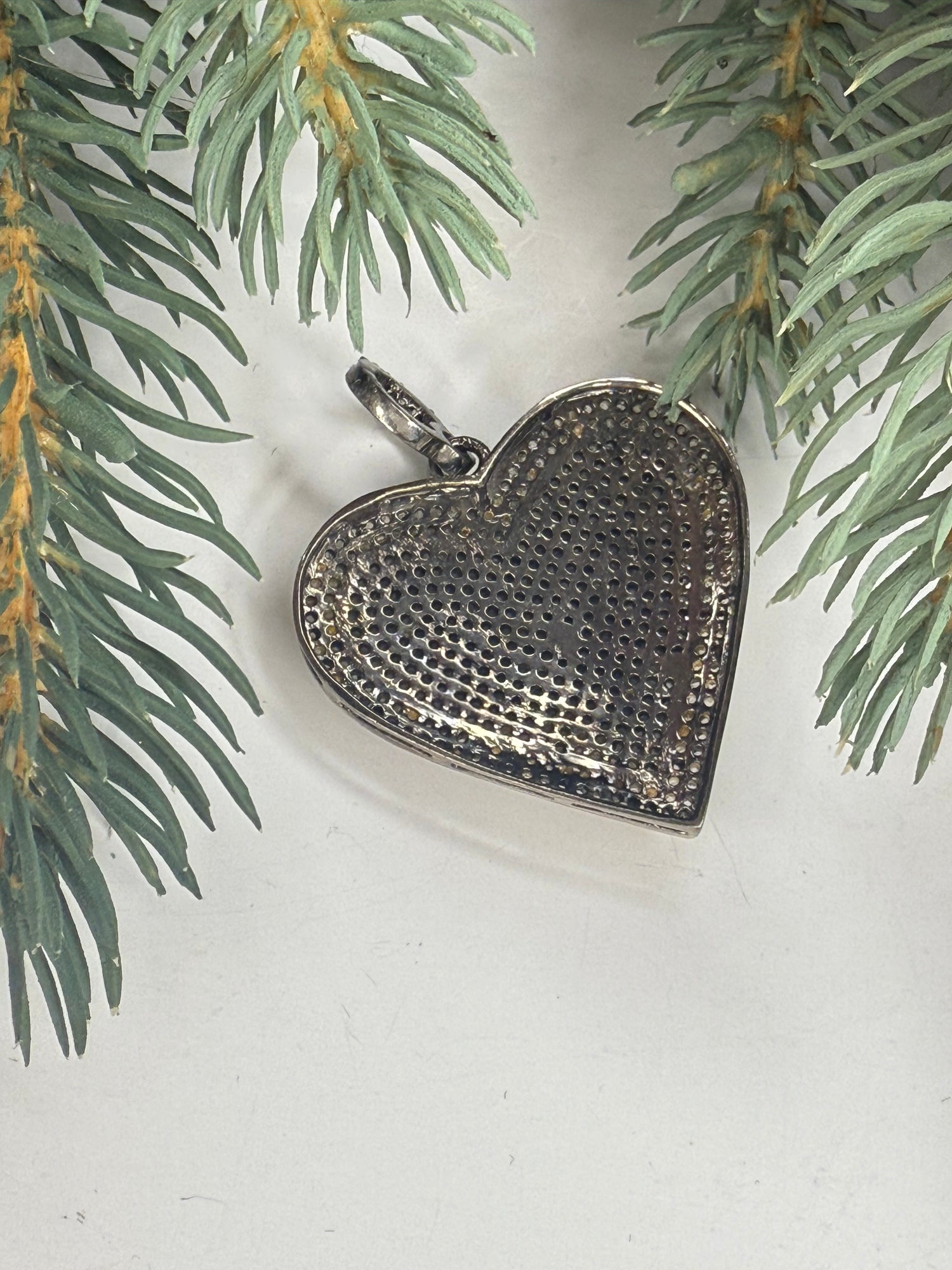 Back of Heart-shaped silver pendant on a light background with greenery