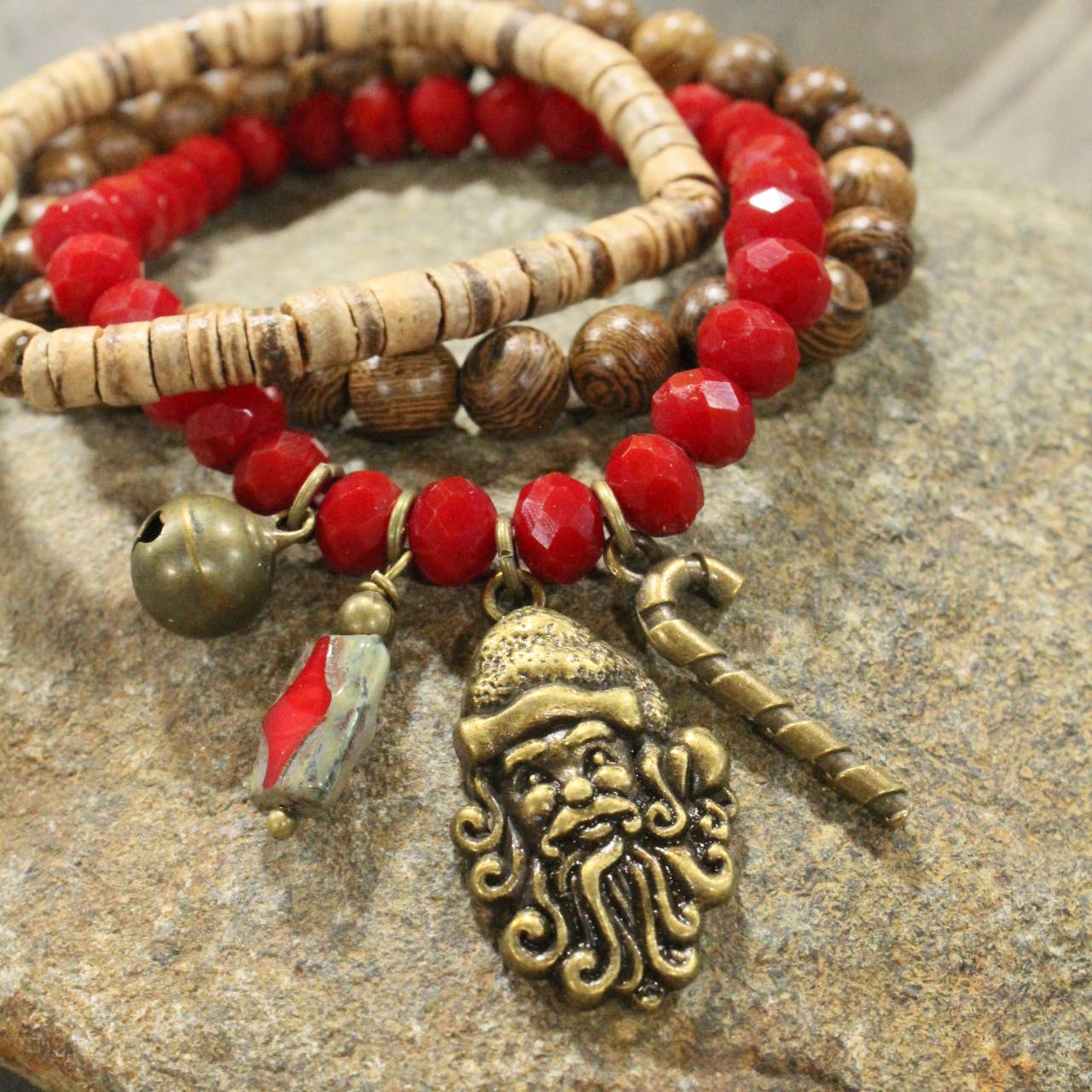 Czech Stone &amp; Bronze Santa Stretch Bracelet Set