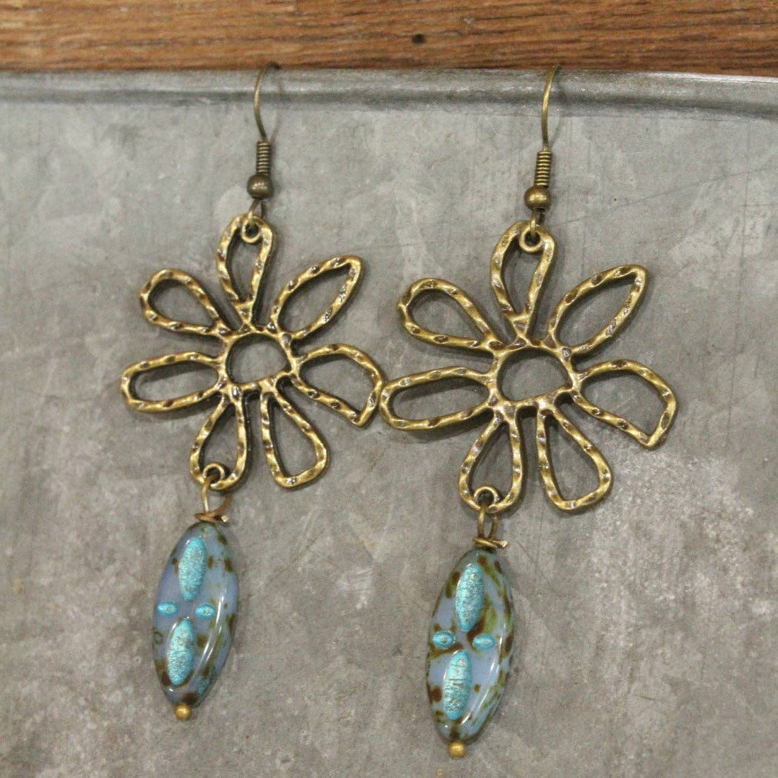 Hammered Wildflower &amp; Glass Czech Pendant Drop Earrings