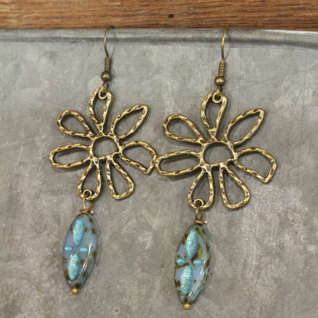 Hammered Wildflower &amp; Glass Czech Pendant Drop Earrings