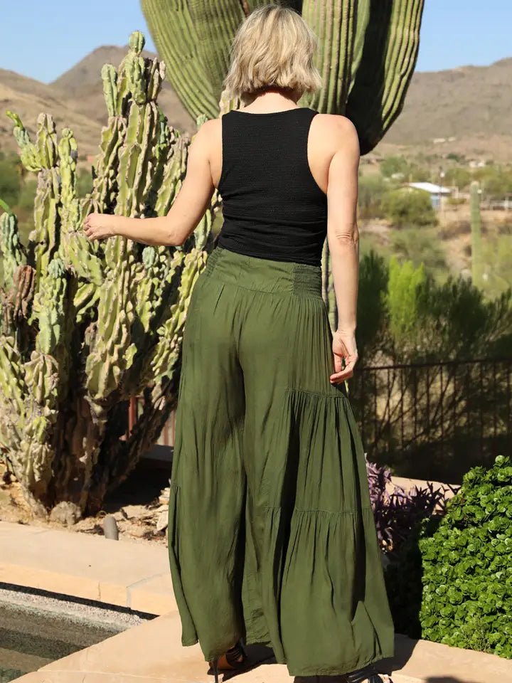 Smocked Tiered Boho Pants - OLIVE - Vintage Vault Boutique