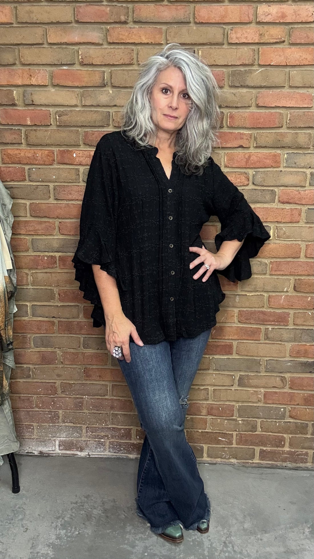Black Eyelet Button up Top