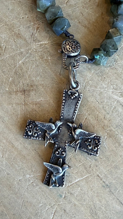 Bird Cross on Labradorite Charm Holder Necklace