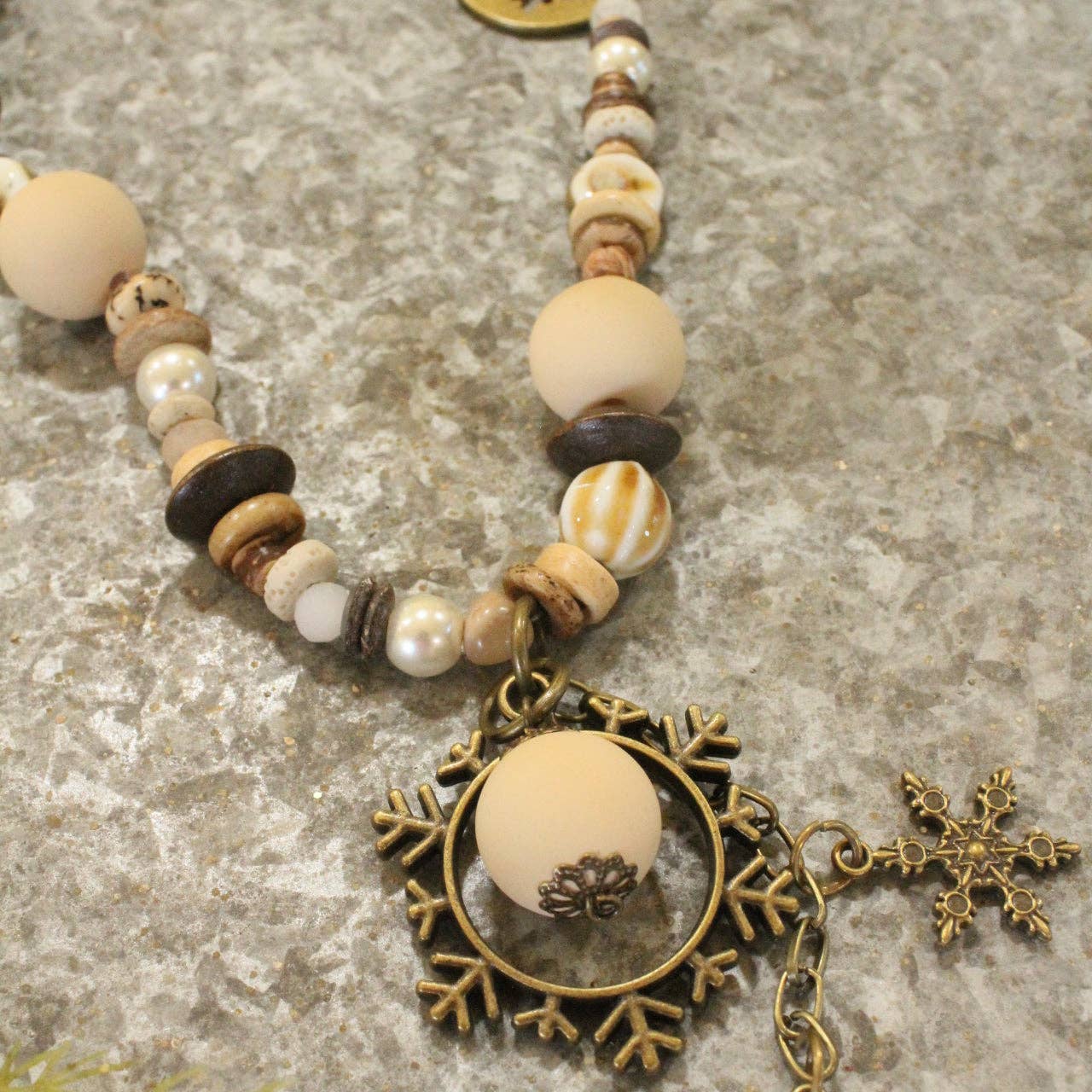 Bronze &amp; Neutral Stones Snowflake Pendant Necklace