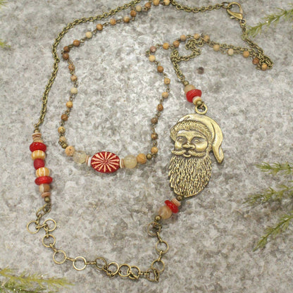 Bronze Santa &amp; His Czech Candy Layered Pendant Necklace