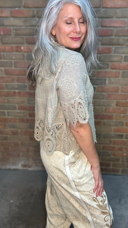 Taupe Crochet Accent Button Up