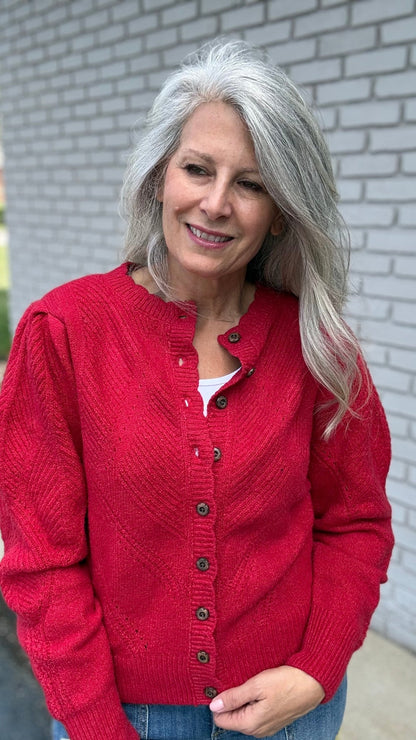 Pointelle Red Cardigan Sweater - Vintage Vault Boutique