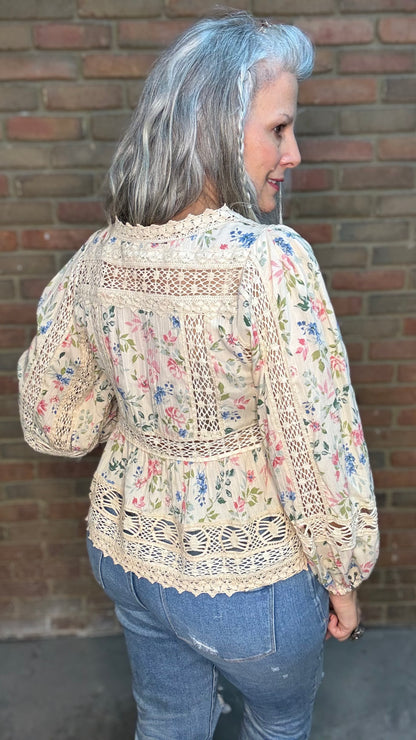 Long Sleeve Floral and Lace Tie Top