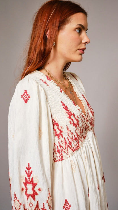 Smocked Boho Embroidered Dress