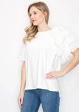 Side view of Ronna Ruffle Sleeve Knit Top on a model, highlighting the ruffle sleeve detail.