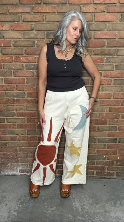 Sun Moon Star Patch Wide Pants
