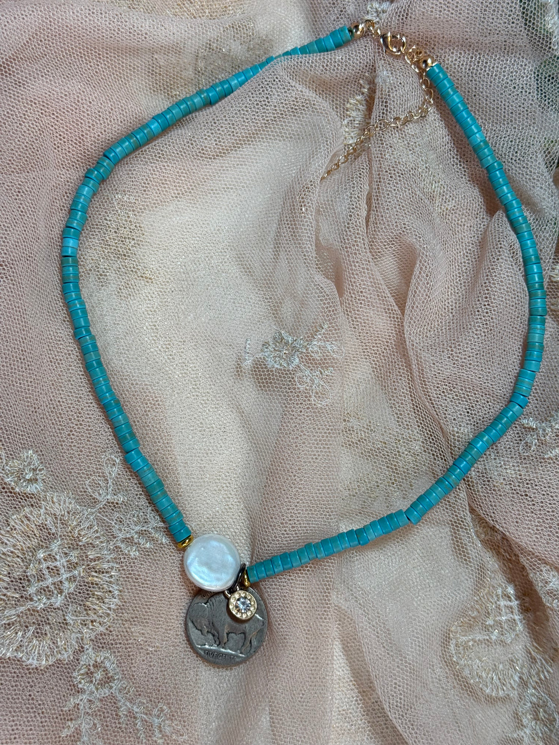 Turquoise Pearl and Buffalo Nickel Necklace