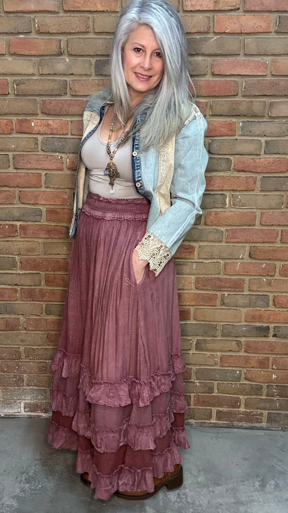 Rustic Textured Maxi Skirt Garnet - Vintage Vault Boutique