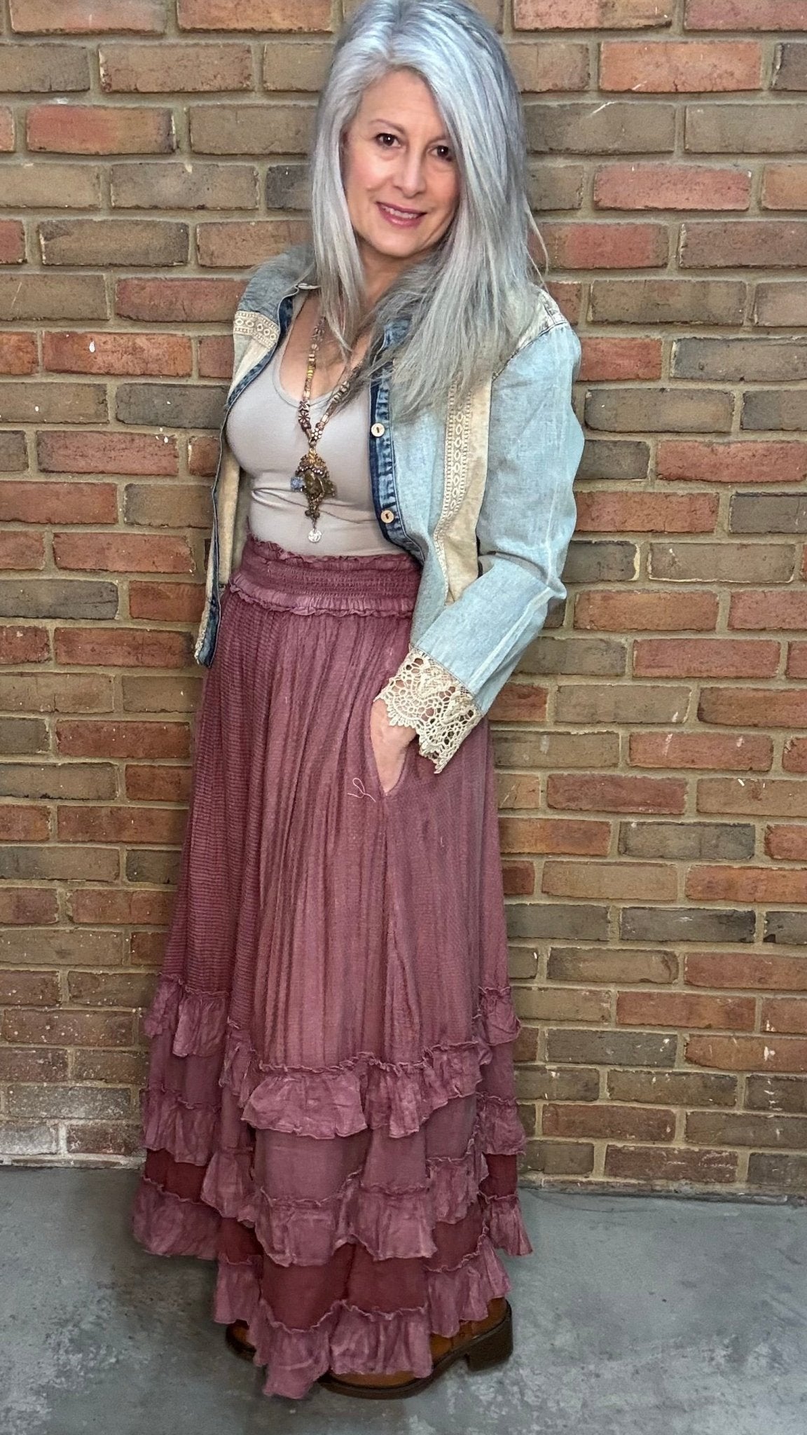 Rustic Textured Maxi Skirt Garnet - Vintage Vault Boutique