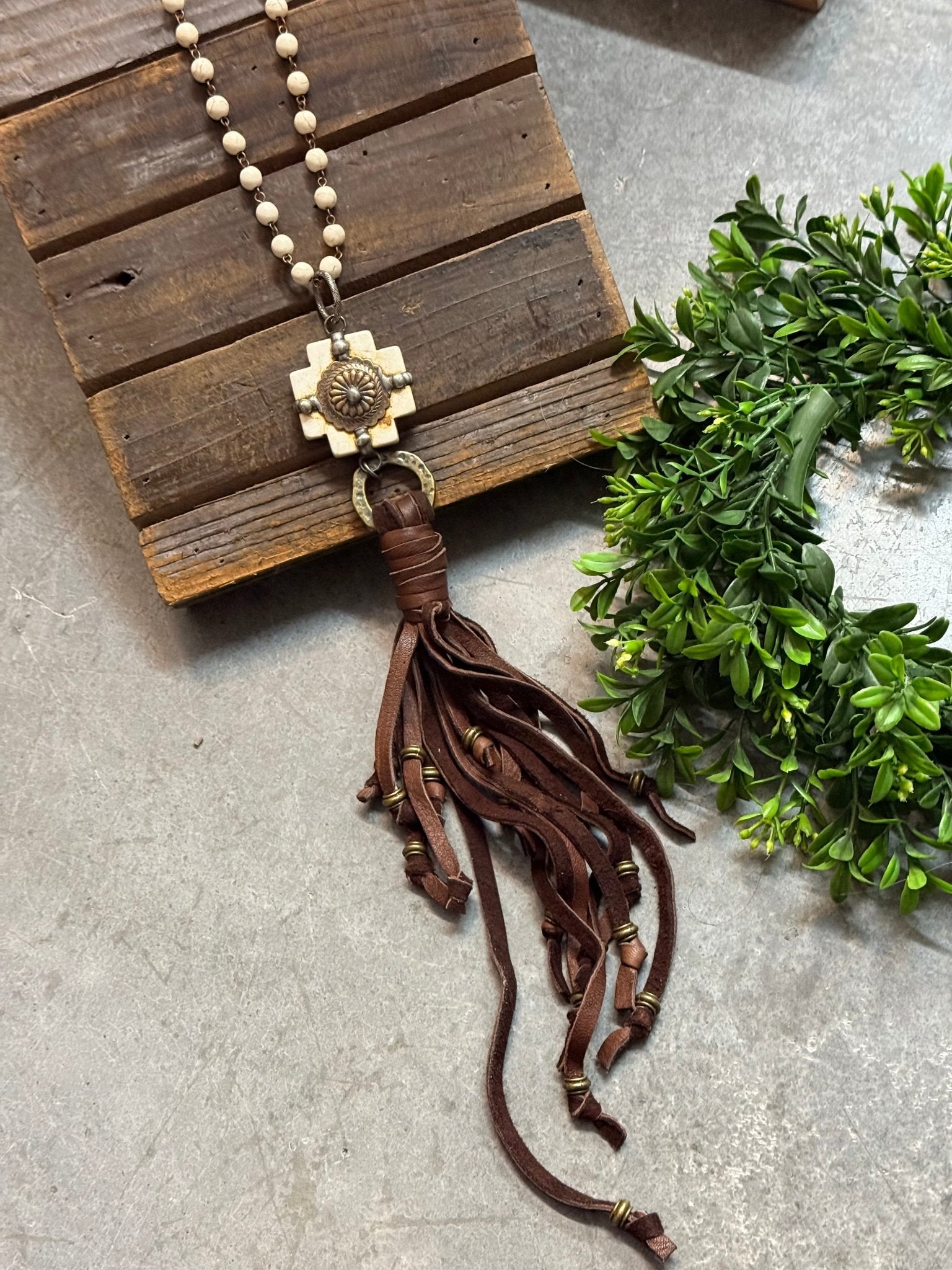 Bone Cross with Concho and Tassle Necklace - Vintage Vault Boutique