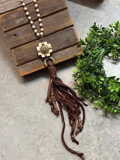 Bone Cross with Concho and Tassle Necklace