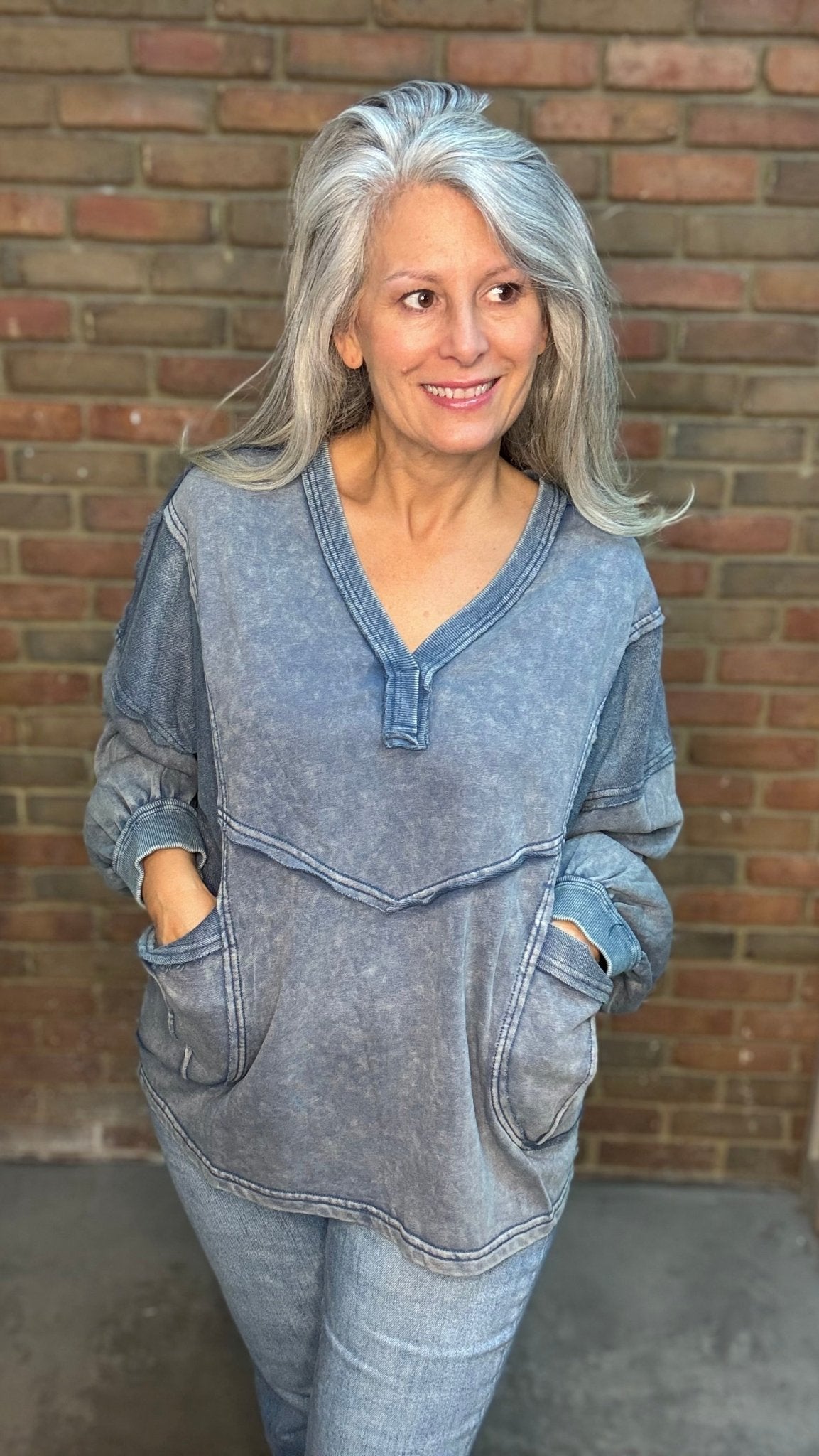Navy V-Neck Terry Pullover - Vintage Vault Boutique