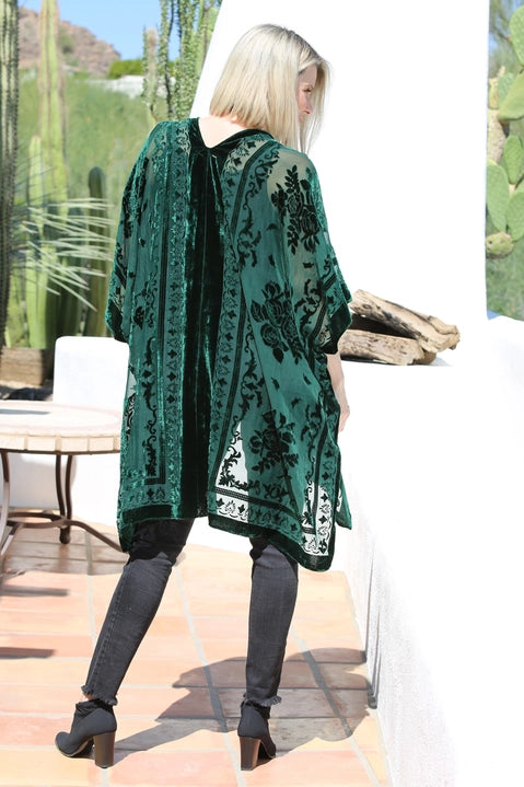 Dark Green Burnout Velvet Kimono