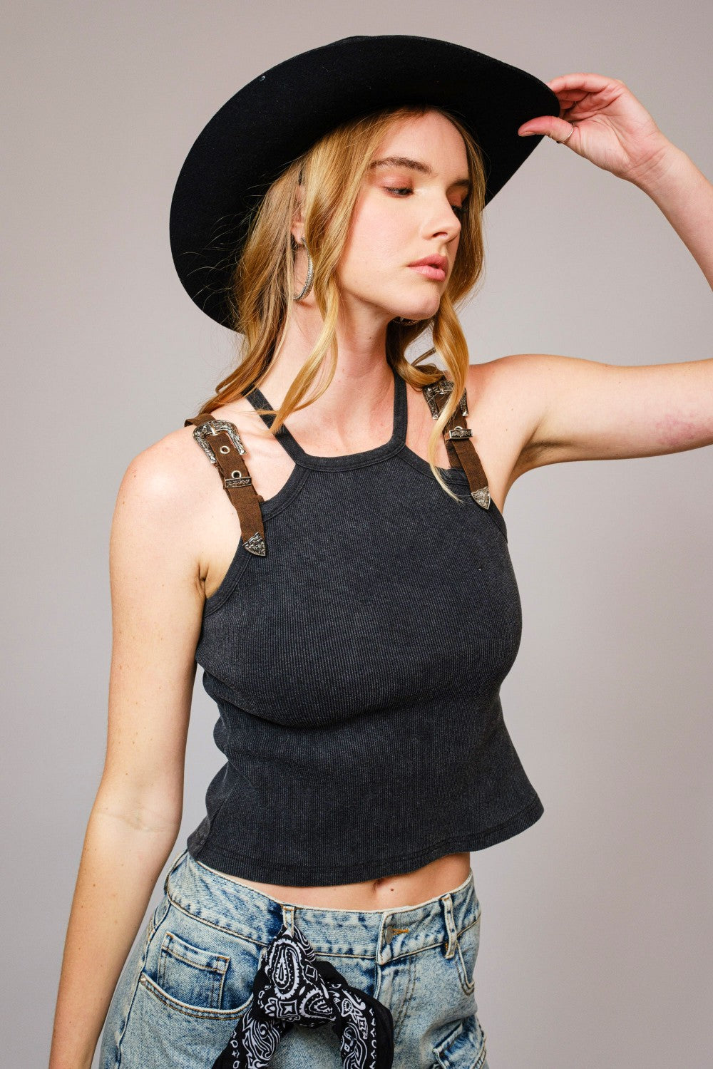 Buckle Strap Ribbed Crop Tank