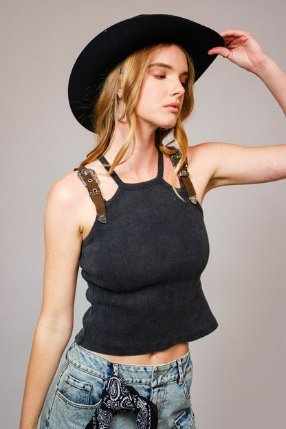 Buckle Strap Ribbed Crop Tank
