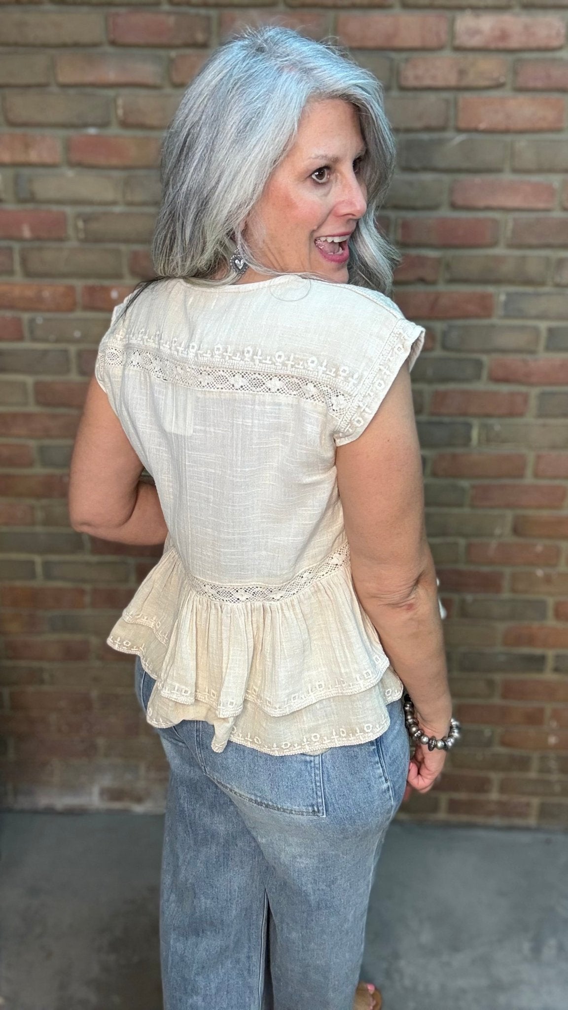 Tan Pleated Eyelet Top - Vintage Vault Boutique