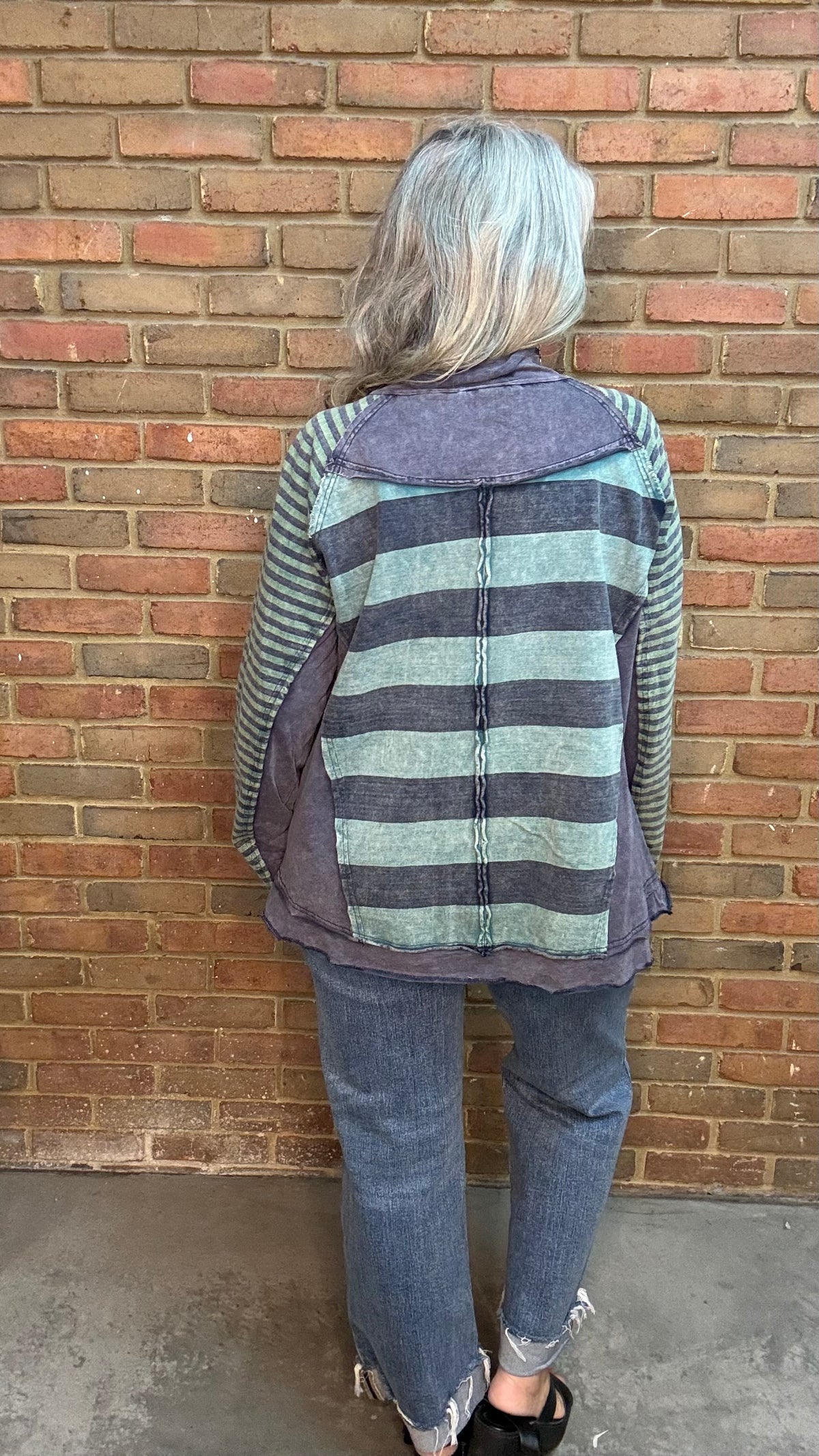 Navy/Green Mock Neck Stripe Mix Top