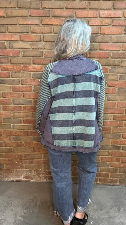 Navy/Green Mock Neck Stripe Mix Top