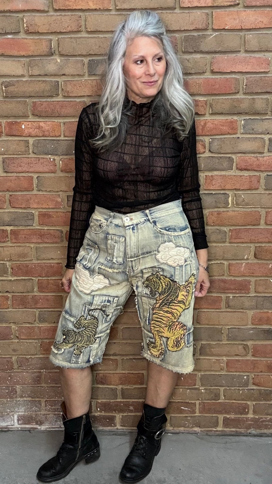 Tiger Applique Patchwork Jorts - Vintage Vault Boutique