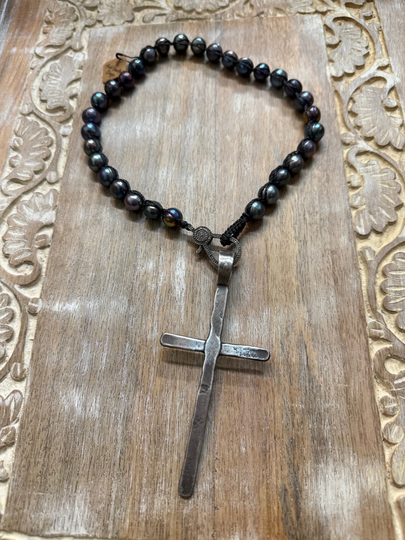 Large Silver Cross on Peacock Pearls Necklace - Vintage Vault Boutique