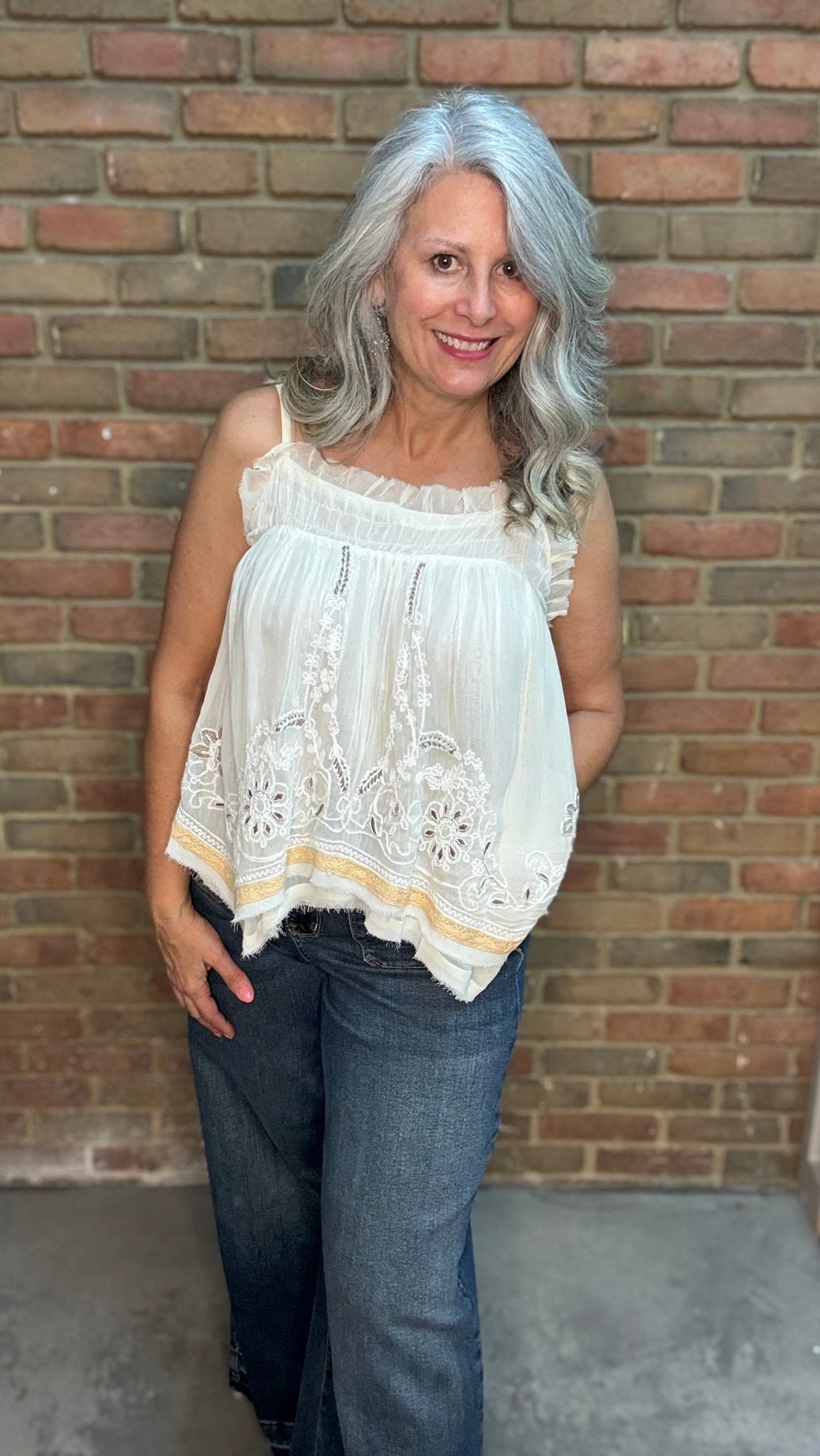 Ruffle Embroidered Tank - Vintage Vault Boutique