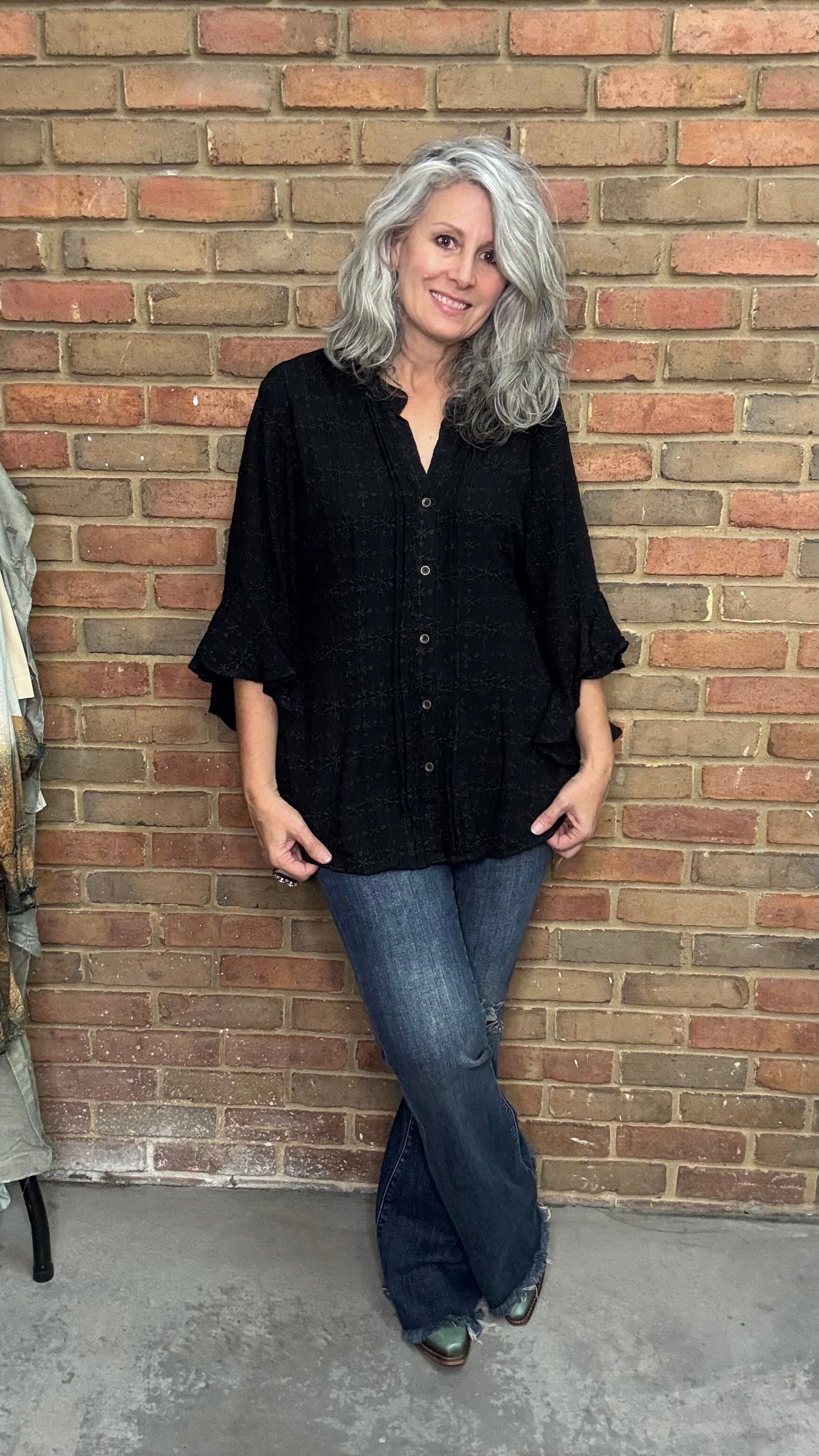 Black Eyelet Button up Top