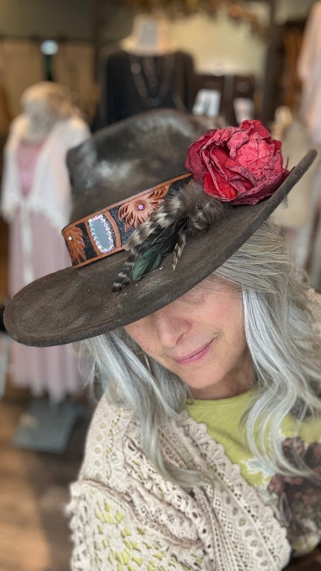 Red Rose Brown Cowboy Hat by A Rare Bird - Vintage Vault Boutique