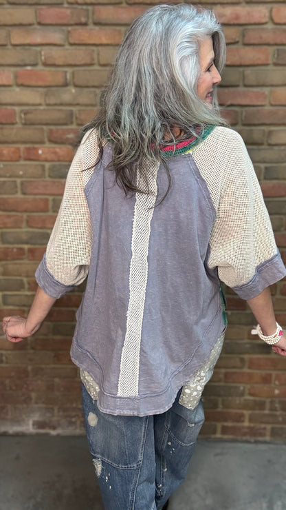 Woman wearing Rainbow Collar Henley Top paired with Big Pocket Denim Pants and the Brittney Necklace and Brittney 5 Piece Bracelet Set