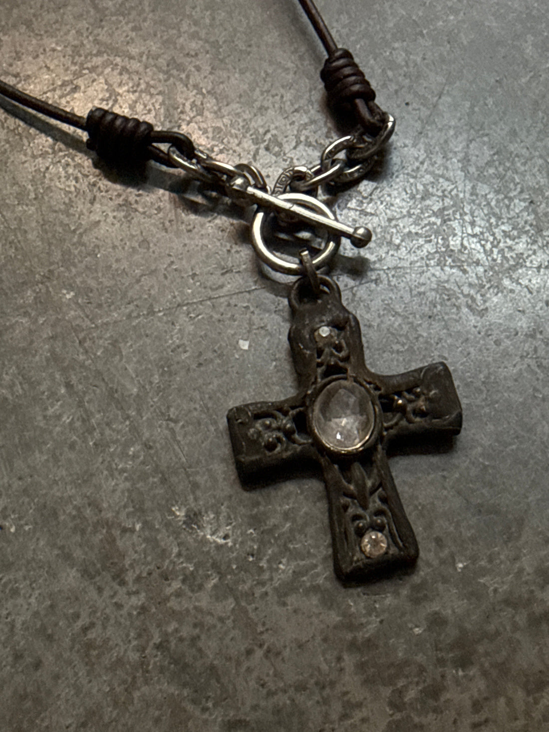 Rustic Iron Cross with Crystal on Leather Necklace