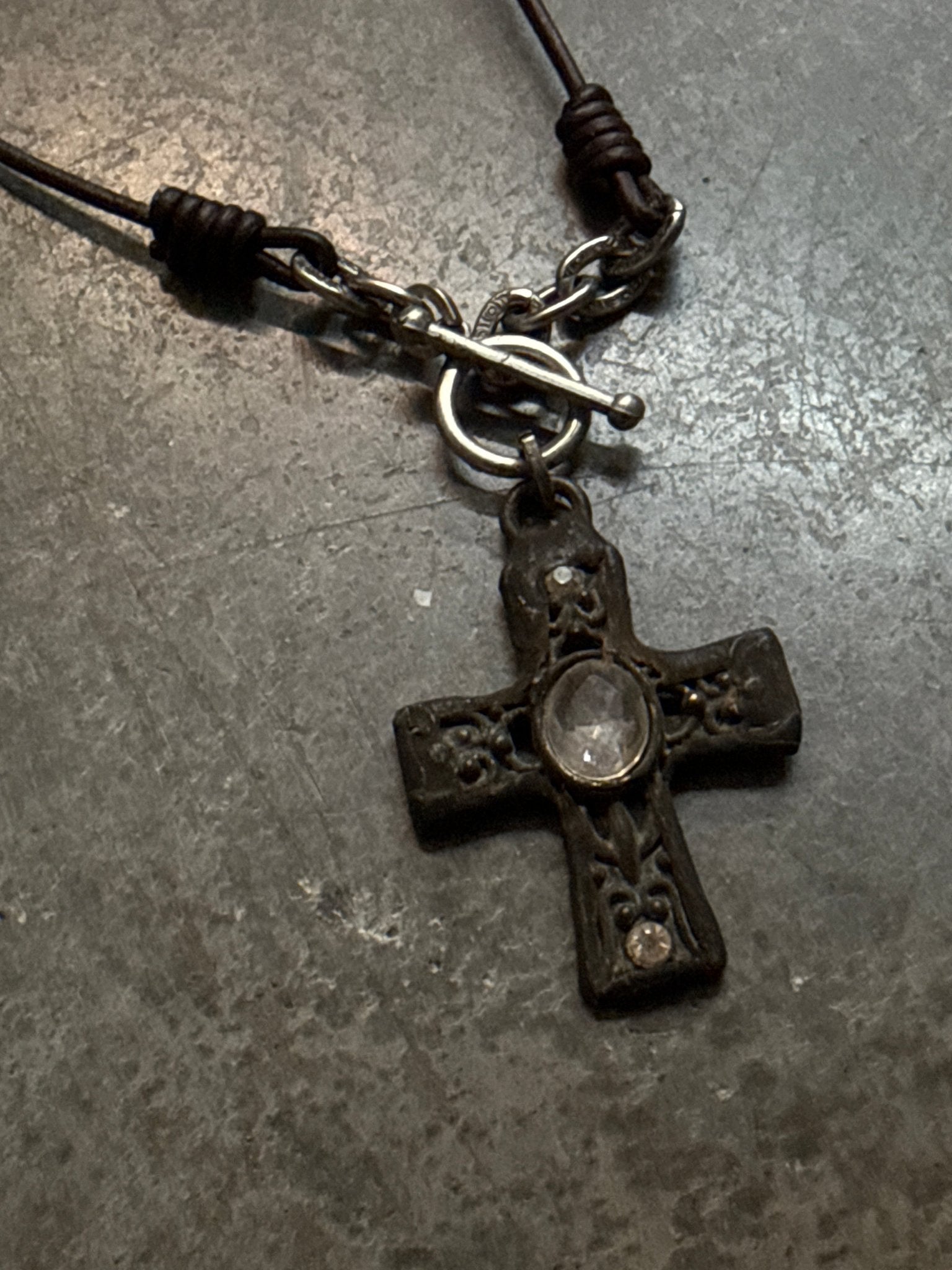 Rustic Iron Cross with Crystal on Leather Necklace - Vintage Vault Boutique