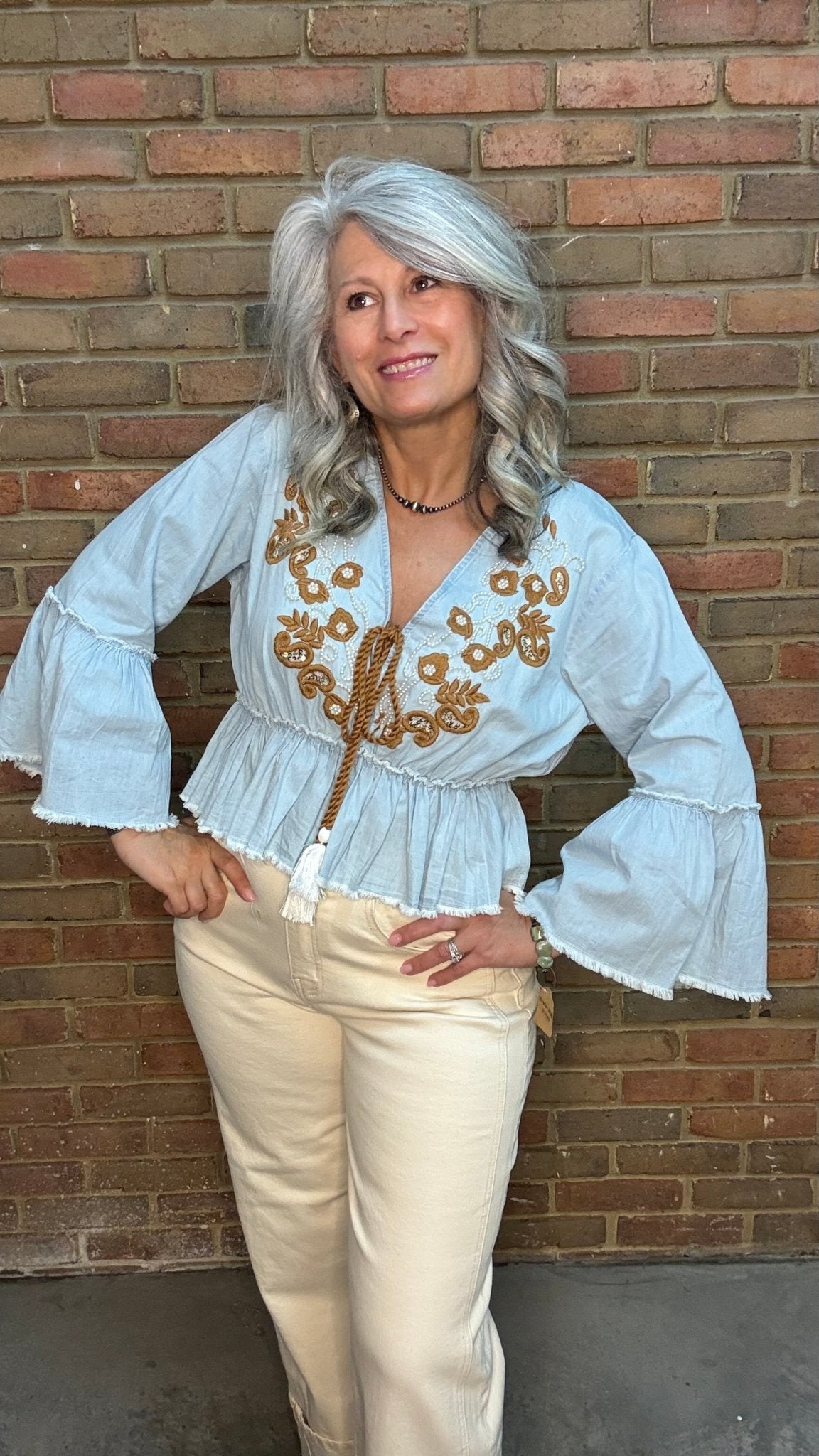Denim Gold Embroidery Beaded Crop Top - Vintage Vault Boutique