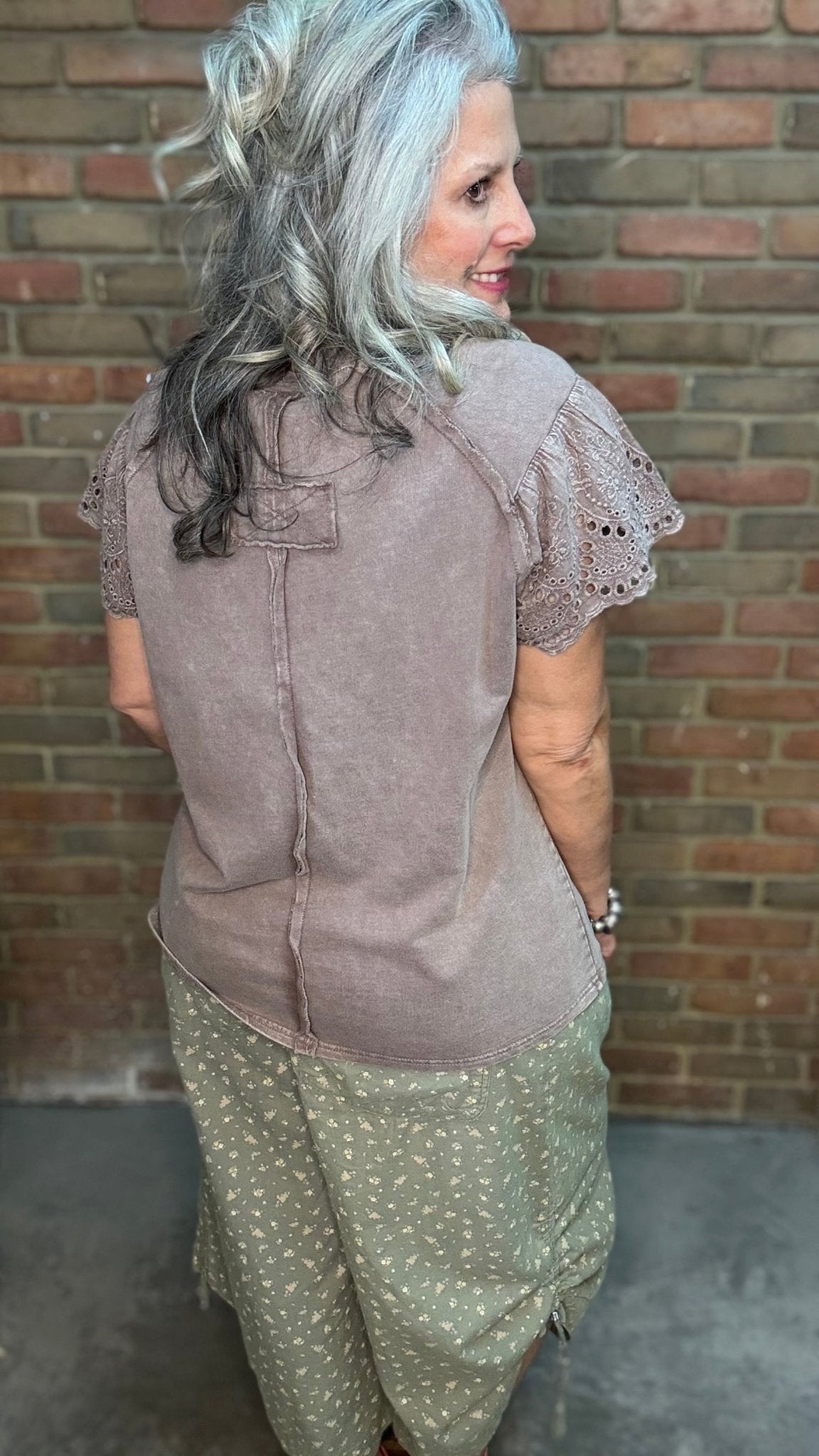 Mocha Crochet Patch Top - Vintage Vault Boutique