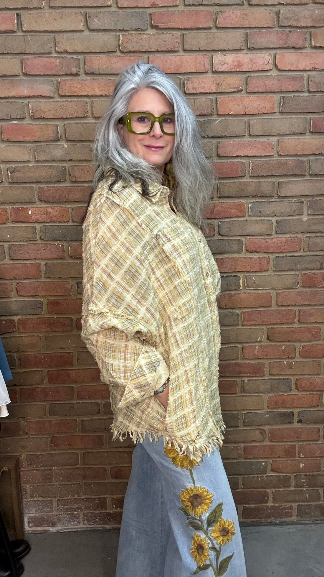 Light Honey Washed Plaid Button Down Top