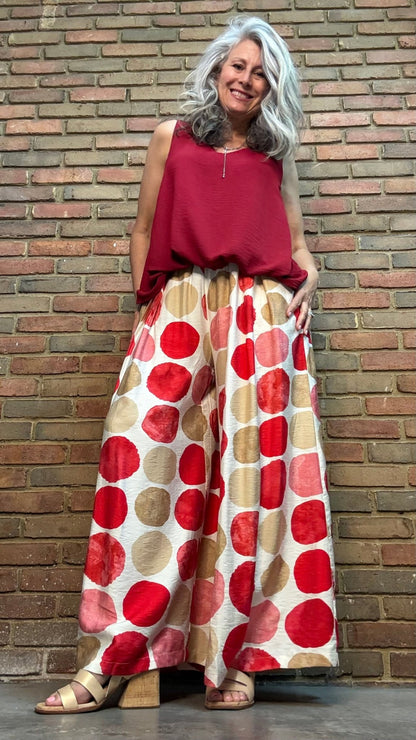 Red Mix Dot Wide Leg Pant - Vintage Vault Boutique