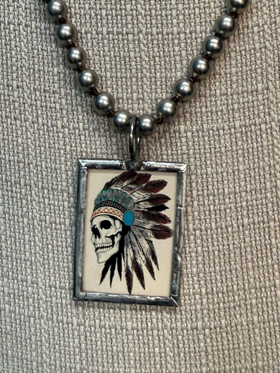 Skull in Headdress on Desert Pearl Neckace