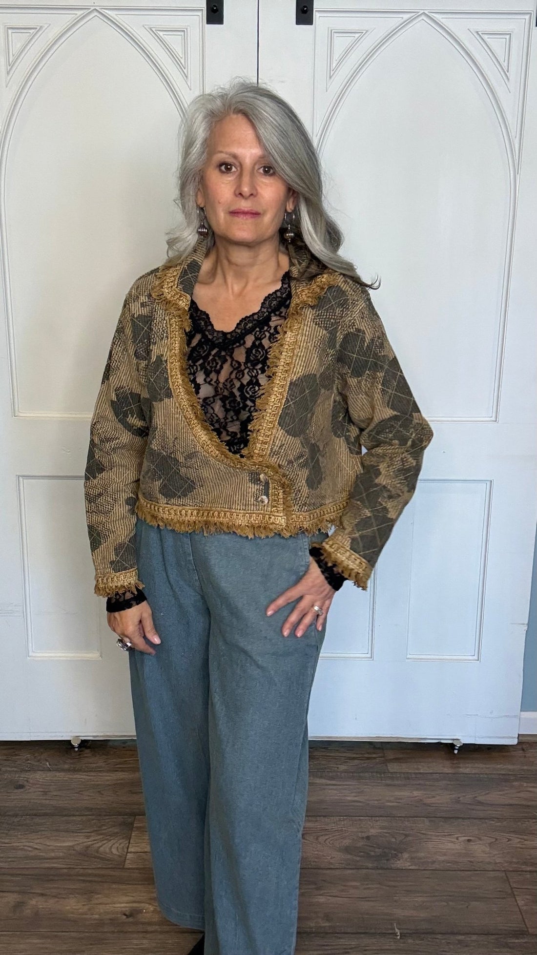 Short Mustard Print Fringe Jacket - Vintage Vault Boutique