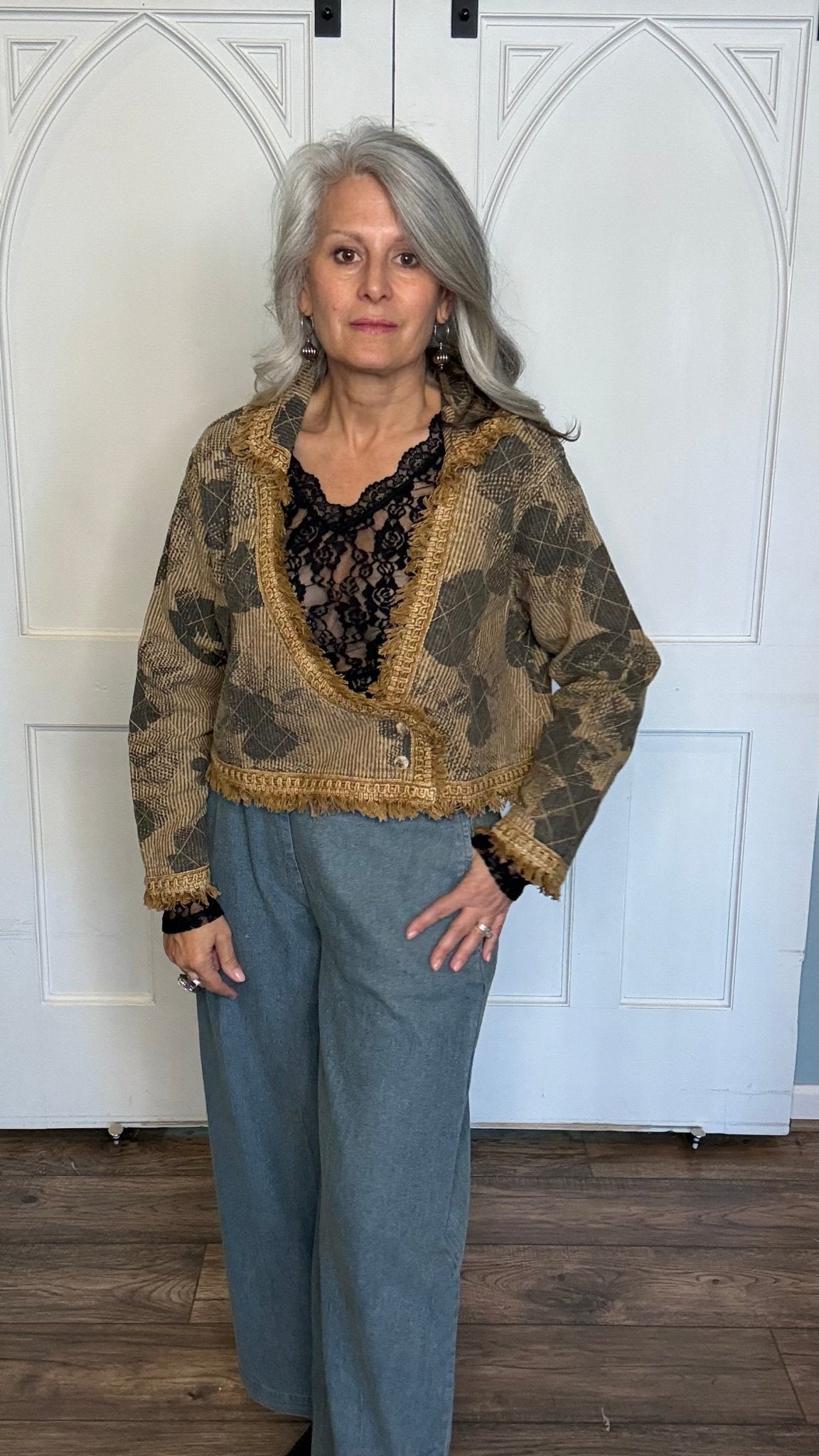Short Mustard Print Fringe Jacket - Vintage Vault Boutique