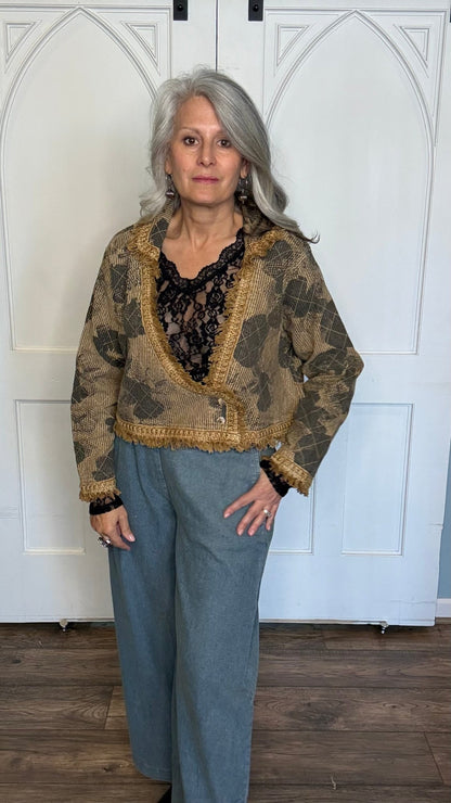 Short Mustard Print Fringe Jacket - Vintage Vault Boutique