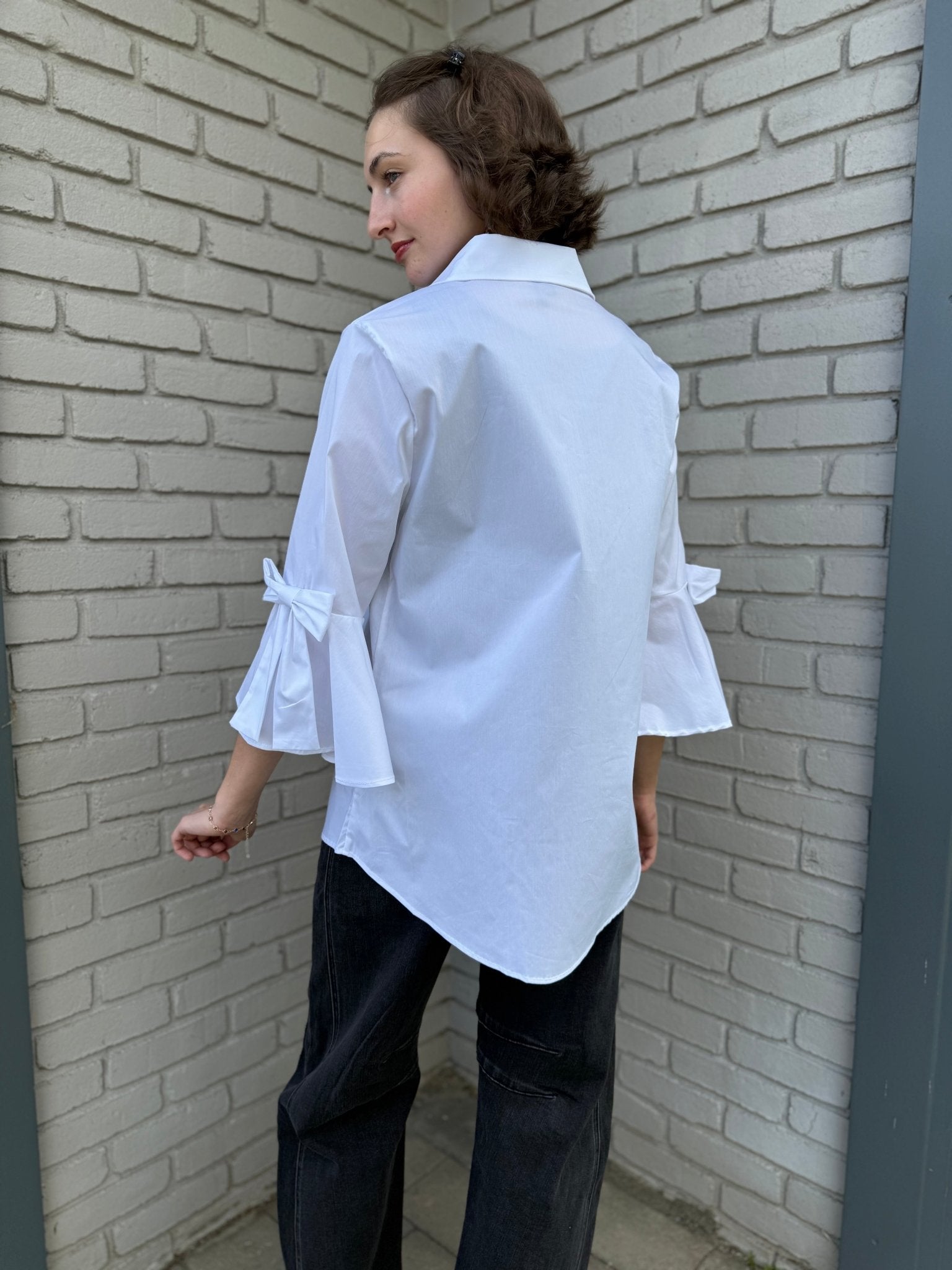 White Shirt with Bow Accent - Vintage Vault Boutique
