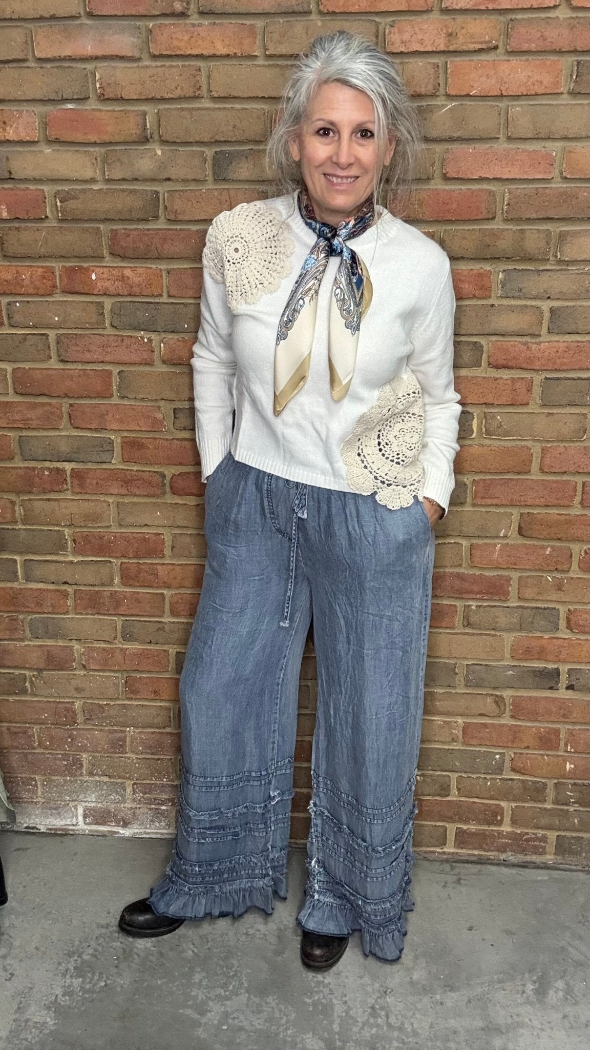Chambray Palazzo Pants with Ruffles - Vintage Vault Boutique