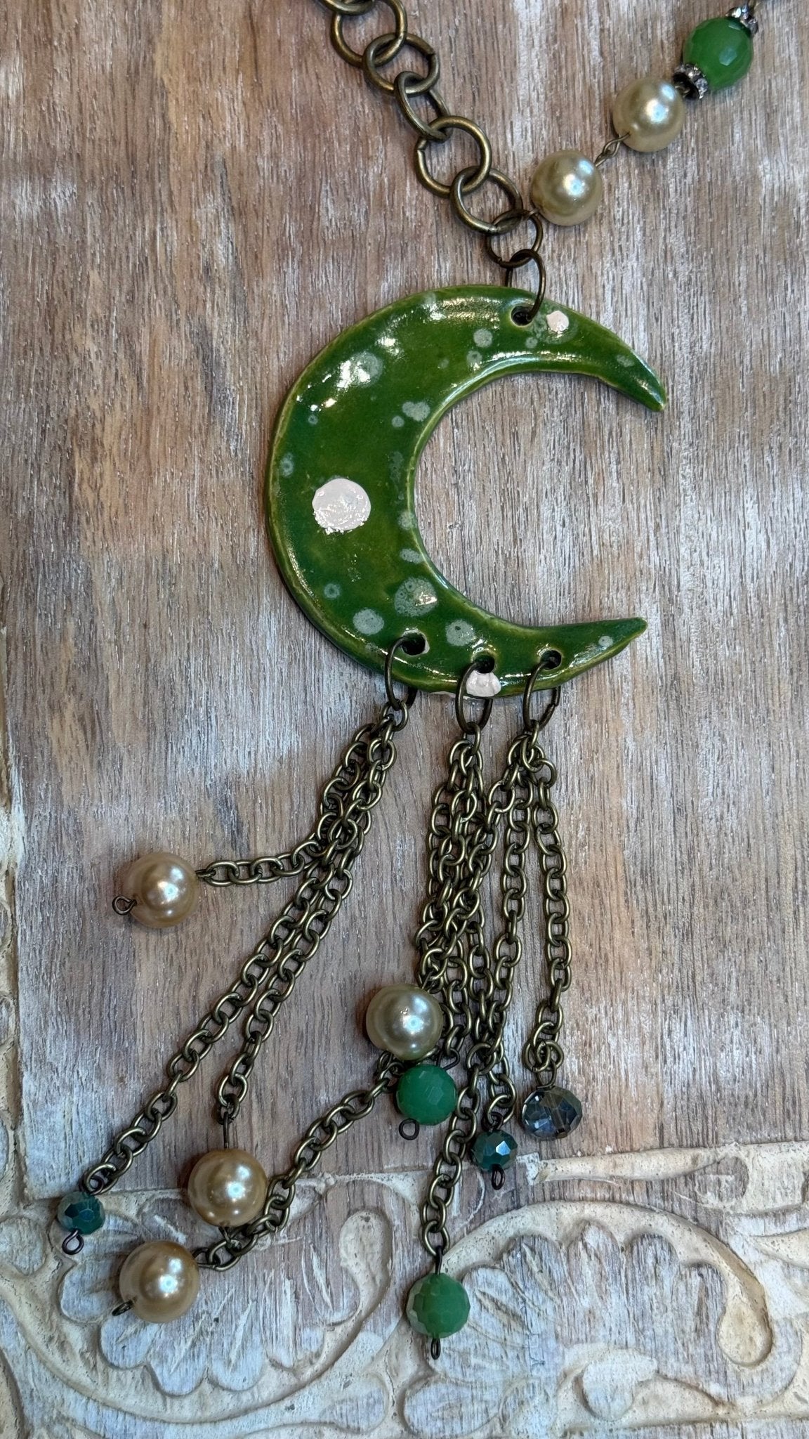 Green Ceramic Moon Necklace - Vintage Vault Boutique