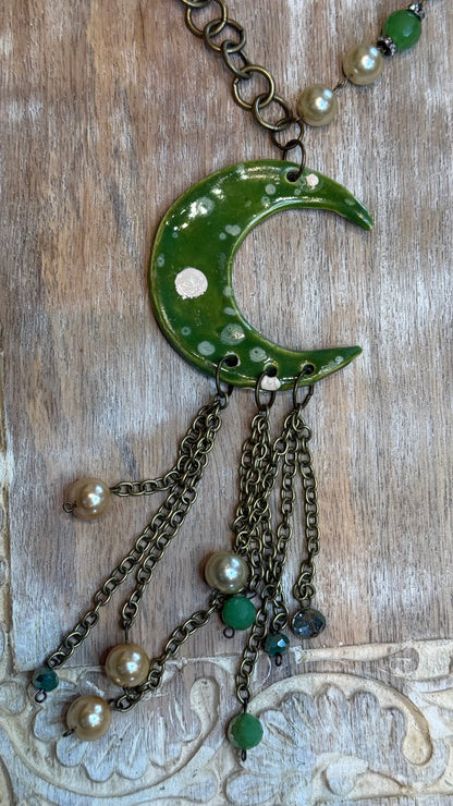 Green Ceramic Moon Necklace