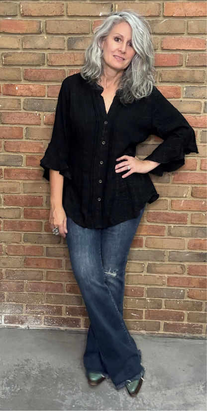 Black Eyelet Button up Top