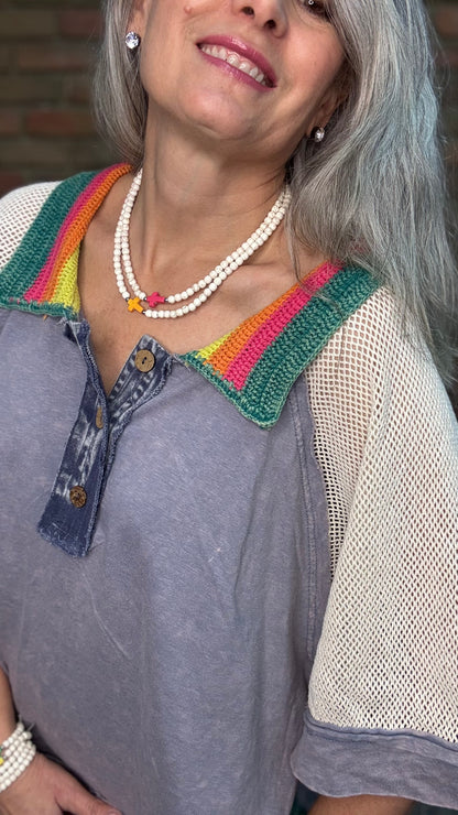 Woman wearing Rainbow Collar Henley Top paired with Big Pocket Denim Pants and the Brittney Necklace and Brittney 5 Piece Bracelet Set
