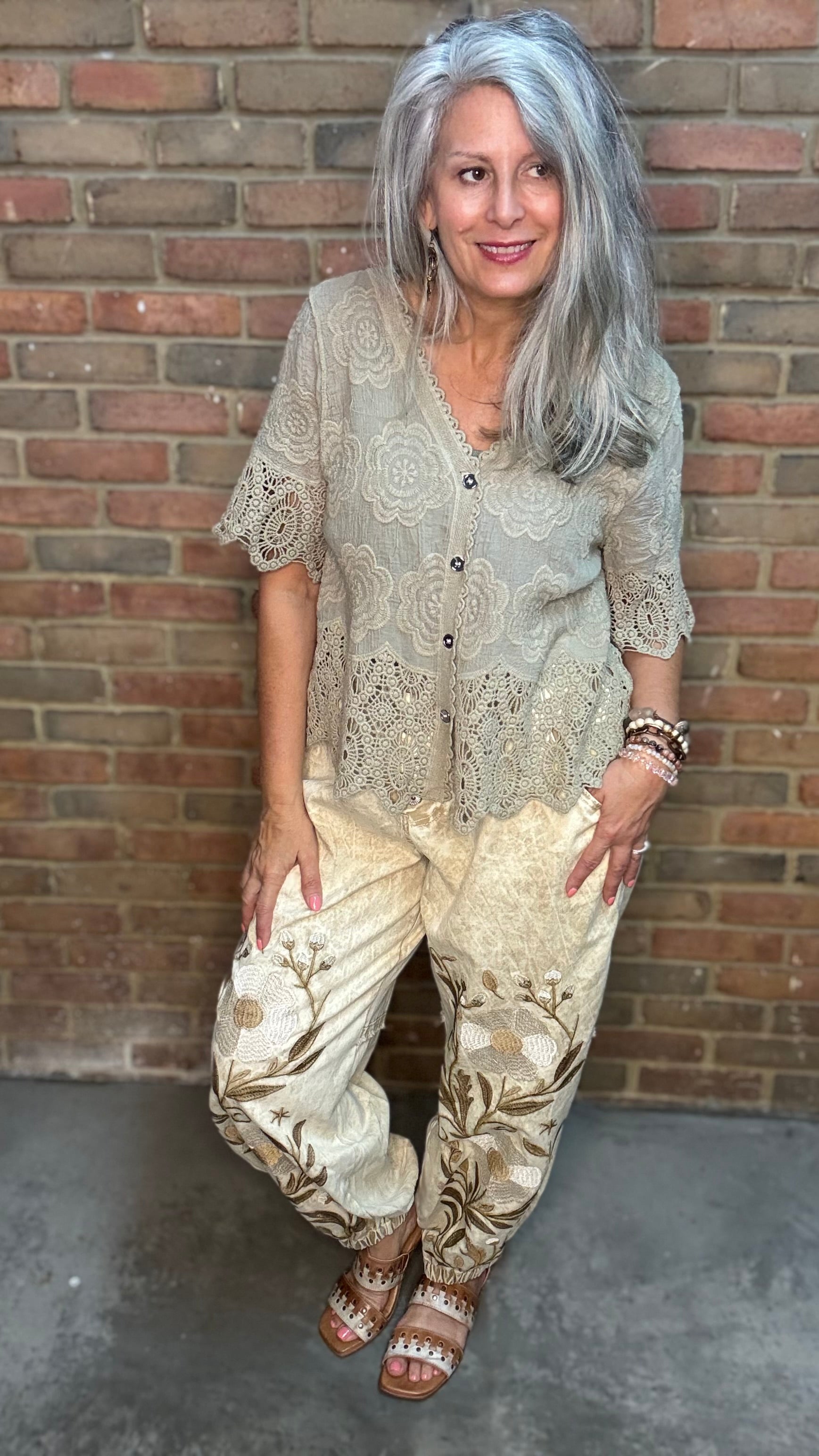 Sand Floral Embroidered Jogger Pants